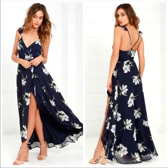 Lulus All Mine Navy Blue Floral Print High Low Wrap Dress Size XS - Picture 1 of 4